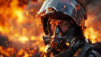 A man in a gas mask and helmet is standing in front of a fire photo