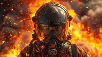 Firefighter in gas mask and helmet on fire photo