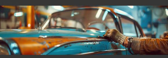 A man is working on an old car in a garage photo