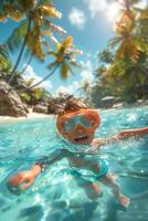 A child swimming in the ocean with goggles photo