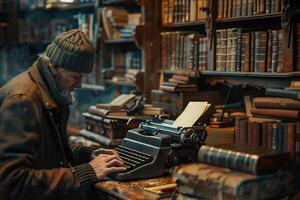 A man in a hat and coat is typing on an old typewriter photo