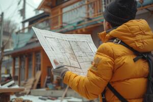 A man in a yellow jacket is holding a map photo