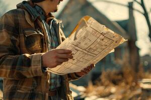 A man is holding a map and looking at it photo