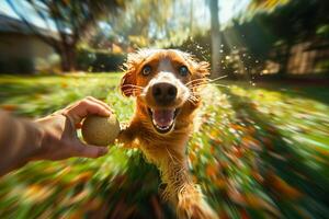 A dog running with a ball in its mouth photo