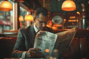 A man in a suit reading a newspaper photo