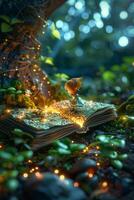 A fairy is sitting on a book in the forest photo