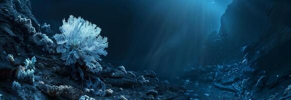 An underwater cave with a light shining through it photo