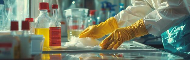 A person in a lab coat is cleaning something photo