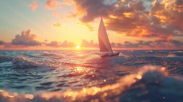 A sailboat is sailing in the ocean at sunset photo