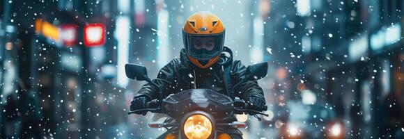 A person riding a motorcycle in the rain photo