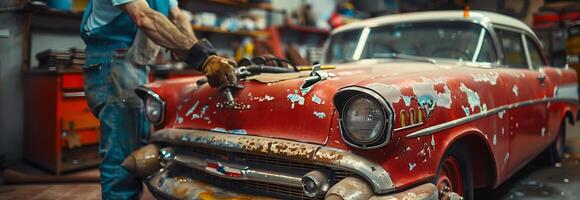 A man is working on an old car in a garage photo