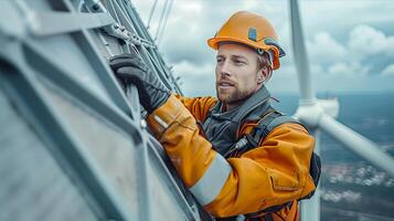 A man in an orange hard hat and safety vest is working on a wind turbine photo