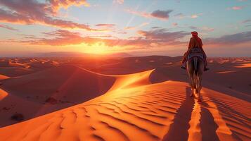 A man riding a camel in the desert at sunset photo