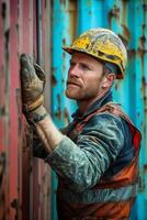 A man in a hard hat and safety vest is leaning against a rusty container photo
