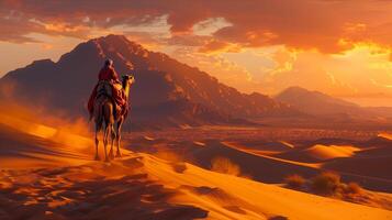 A man riding a camel in the desert at sunset photo