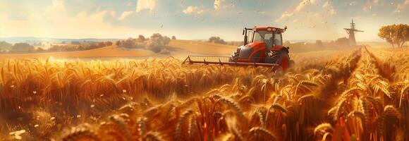A tractor is in the middle of a wheat field photo