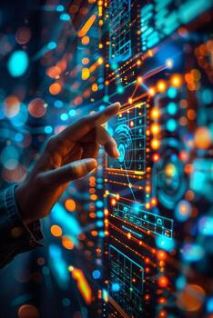 A hand is touching a digital interface with glowing lights photo