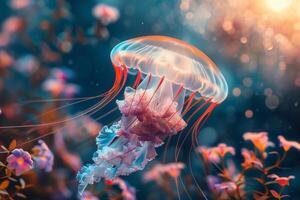 Jellyfish in the water with flowers and sun photo