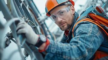 A man in an orange vest and safety glasses is working on a wire photo