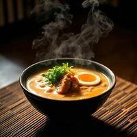 A bowl of soup with an egg and meat is steaming photo
