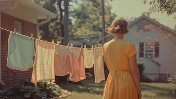 A woman in a yellow dress is standing in front of a house with clothes hanging on a clothes photo