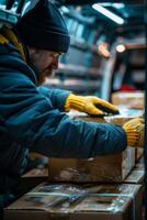 A man in a winter jacket and gloves is loading boxes into a van photo