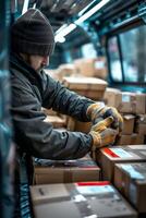 A man in a winter jacket and gloves is sorting packages photo