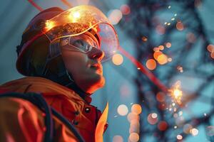 A man in an orange jacket and helmet is looking up at the sky photo