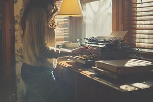 A woman is typing on an old typewriter photo