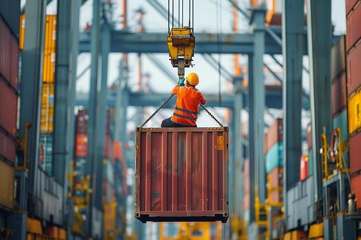 A man is lifting a container onto a crane photo
