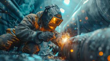 Welder welding pipes in industrial factory photo