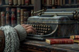 A person's hand is on a typewriter in front of a bookcase photo
