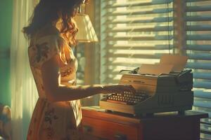 A woman in a floral dress is typing on an old typewriter photo