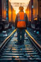 A man in an orange vest standing on a train track photo