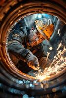 A man in a hard hat welding with sparks photo
