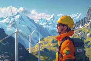 A man in an orange jacket and hard hat stands in front of wind turbines photo