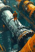 An orange man standing on top of pipes in an industrial setting photo