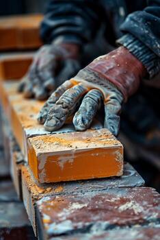 A person in gloves is working on a brick photo