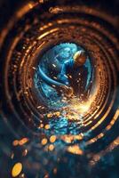 A worker is welding in a pipe photo