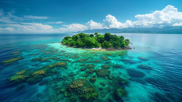An island in the middle of the ocean with a small tree photo