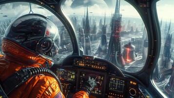 An astronaut in an orange space suit is looking out of a window photo