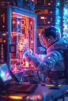An astronaut in a space suit is working on a computer photo