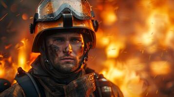 A man in a firefighting helmet is in front of flames photo