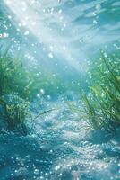 A close up of grass under water with sunlight photo