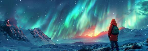A person standing in front of a mountain with a aurora borealis photo