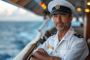 A man in a sailor's uniform standing on a boat photo