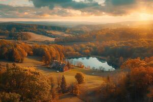 A beautiful view of a lake and a house in the fall photo