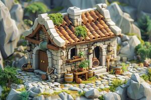 A small stone house in the middle of a rocky landscape photo