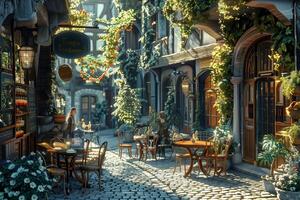 A street with tables and chairs in a city photo