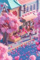 A cute little town with pink trees and flowers photo